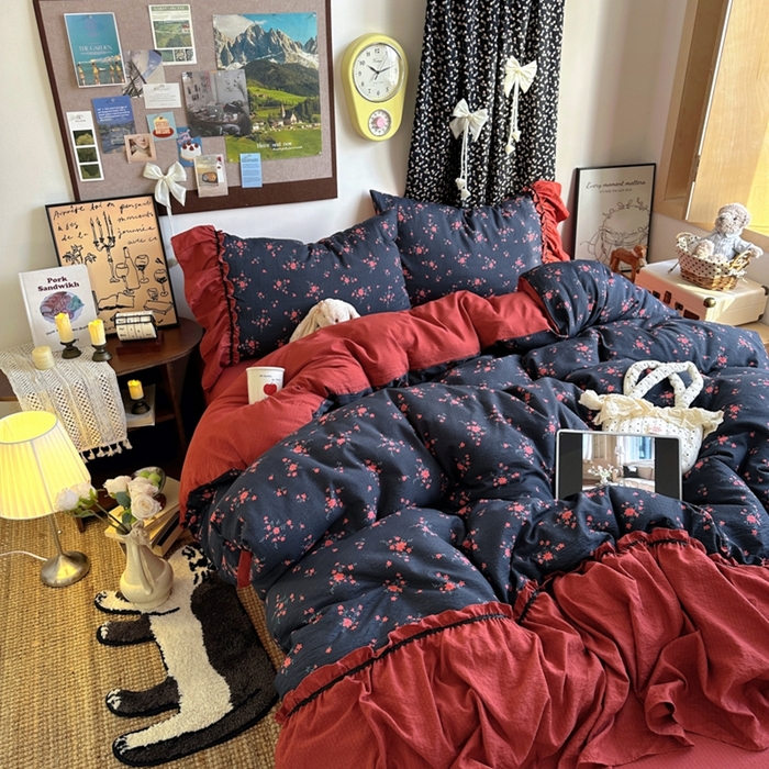 阿曼达 2025新款韩系法式慵懒氛围感印花泡芙花边四件套（专版花型） 樱花泡芙-梨漫