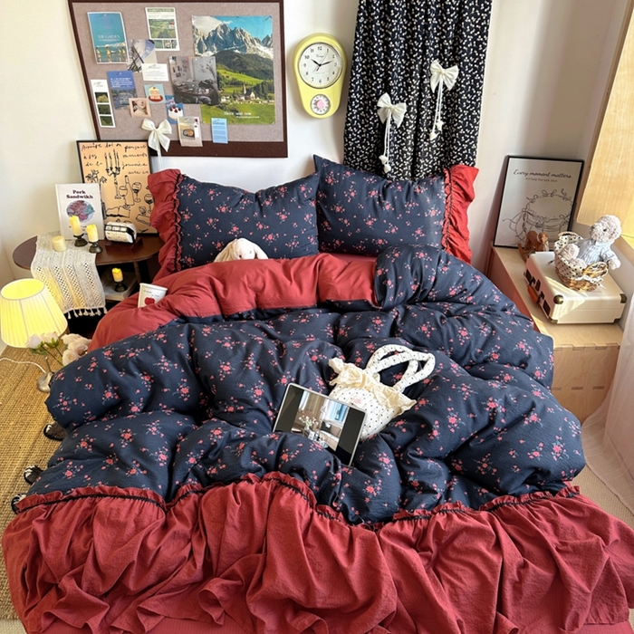 91家纺网 家纺一手货源 找家纺 阿曼达 2025新款韩系法式慵懒氛围感印花泡芙花边四件套（专版花型） 樱花泡芙-梨漫