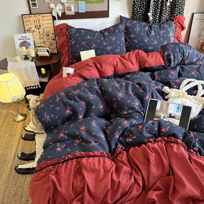 91家纺网 家纺一手货源 找家纺 阿曼达 2025新款韩系法式慵懒氛围感印花泡芙花边四件套（专版花型） 樱花泡芙-梨漫