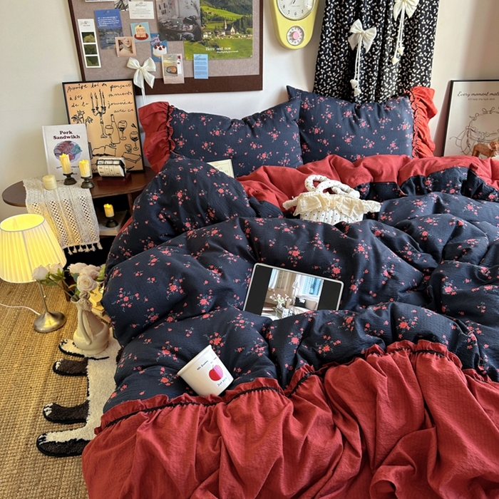 91家纺网 家纺一手货源 找家纺 阿曼达 2025新款韩系法式慵懒氛围感印花泡芙花边四件套（专版花型） 樱花泡芙-梨漫