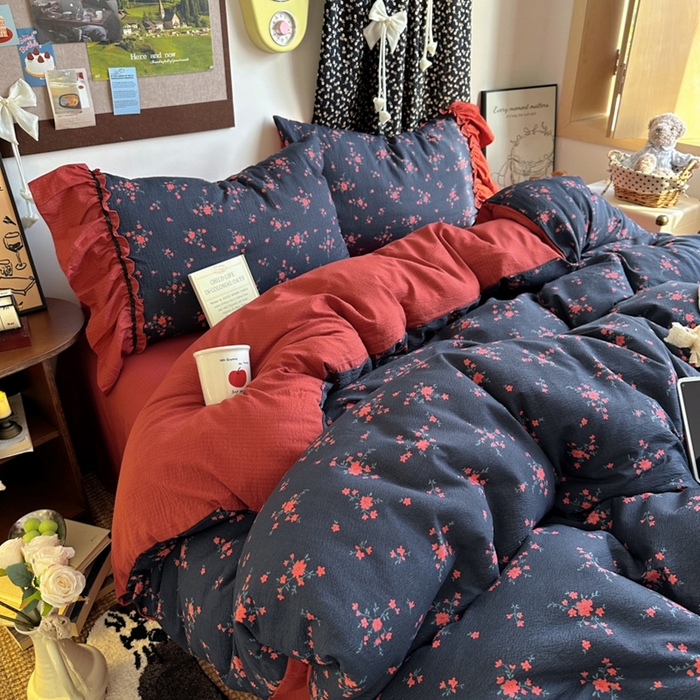 91家纺网 家纺一手货源 找家纺 阿曼达 2025新款韩系法式慵懒氛围感印花泡芙花边四件套（专版花型） 樱花泡芙-梨漫