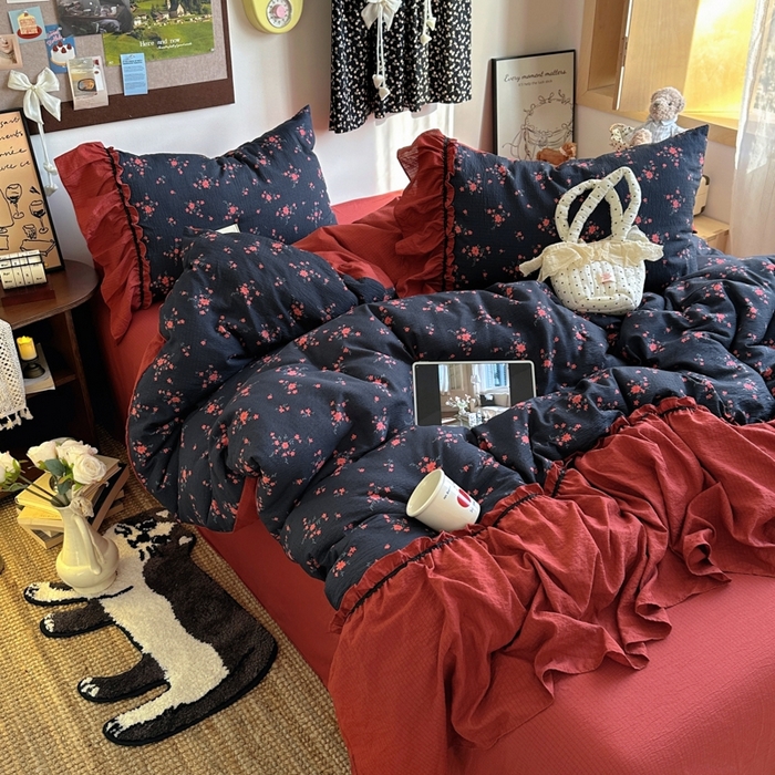 91家纺网 家纺一手货源 找家纺 阿曼达 2025新款韩系法式慵懒氛围感印花泡芙花边四件套（专版花型） 樱花泡芙-梨漫