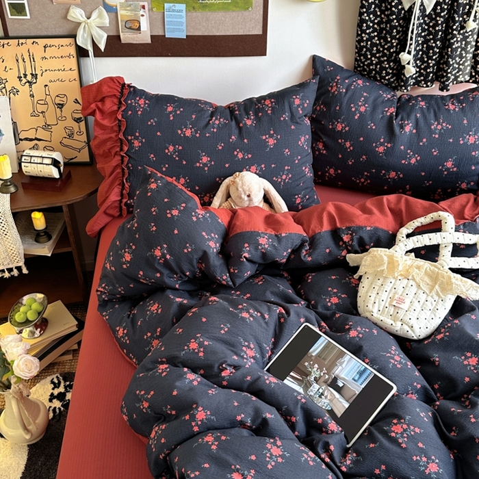 91家纺网 家纺一手货源 找家纺 阿曼达 2025新款韩系法式慵懒氛围感印花泡芙花边四件套（专版花型） 樱花泡芙-梨漫