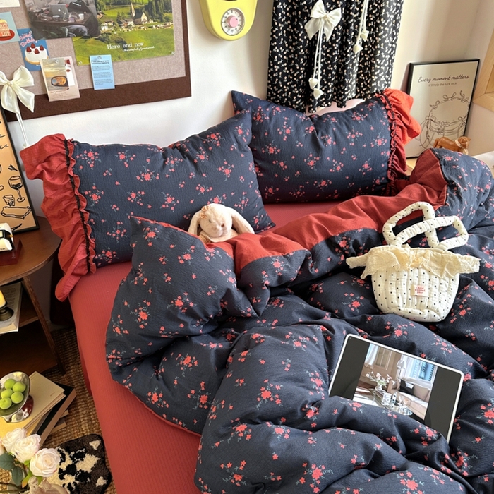 91家纺网 家纺一手货源 找家纺 阿曼达 2025新款韩系法式慵懒氛围感印花泡芙花边四件套（专版花型） 樱花泡芙-梨漫