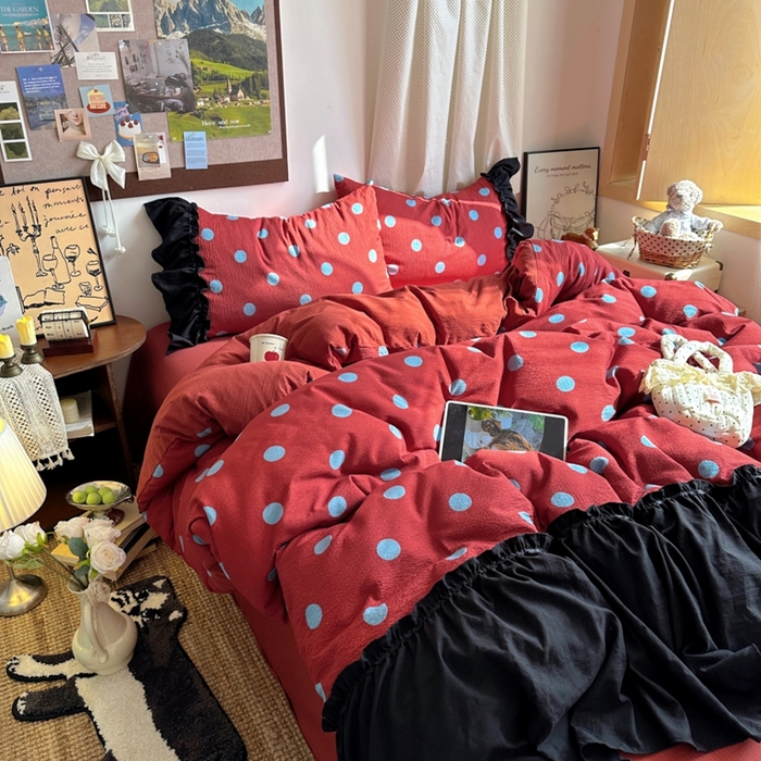 阿曼达 2025新款韩系法式慵懒氛围感印花泡芙花边四件套（专版花型） 樱花泡芙-红