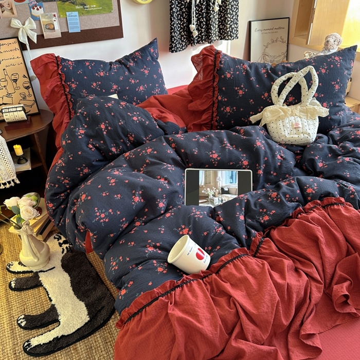 91家纺网 家纺一手货源 找家纺 阿曼达 2025新款韩系法式慵懒氛围感印花泡芙花边四件套（专版花型） 樱花泡芙-梨漫