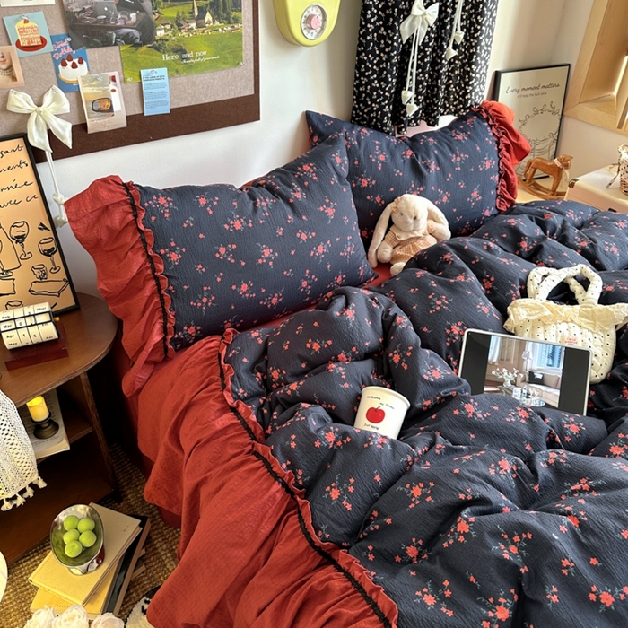 91家纺网 家纺一手货源 找家纺 阿曼达 2025新款韩系法式慵懒氛围感印花泡芙花边四件套（专版花型） 樱花泡芙-梨漫