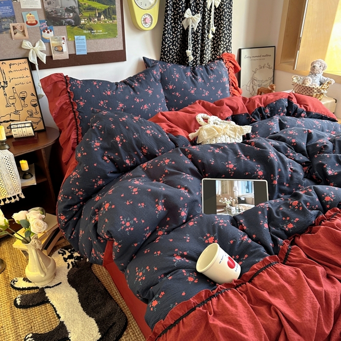 91家纺网 家纺一手货源 找家纺 阿曼达 2025新款韩系法式慵懒氛围感印花泡芙花边四件套（专版花型） 樱花泡芙-梨漫