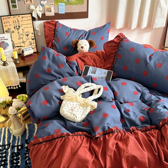 91家纺网 家纺一手货源 找家纺 阿曼达 2025新款韩系法式慵懒氛围感印花泡芙花边四件套（专版花型） 樱花泡芙-蓝