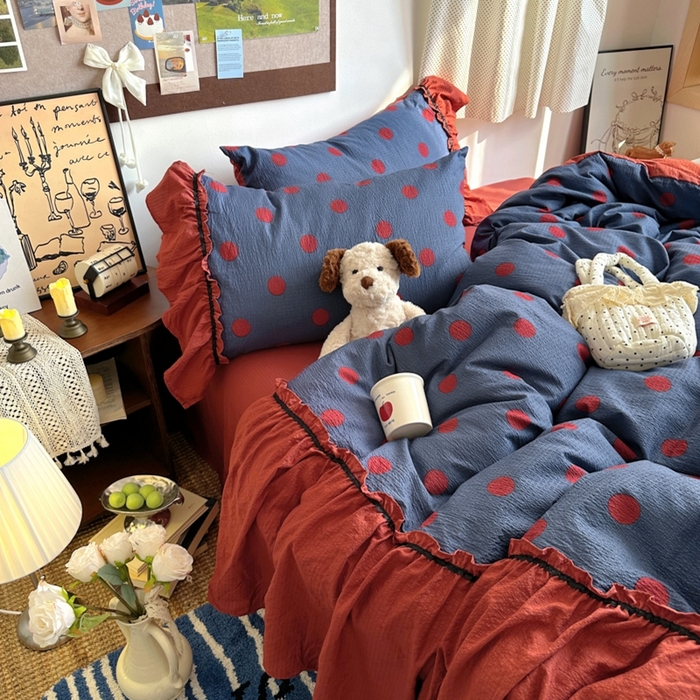 91家纺网 家纺一手货源 找家纺 阿曼达 2025新款韩系法式慵懒氛围感印花泡芙花边四件套（专版花型） 樱花泡芙-蓝