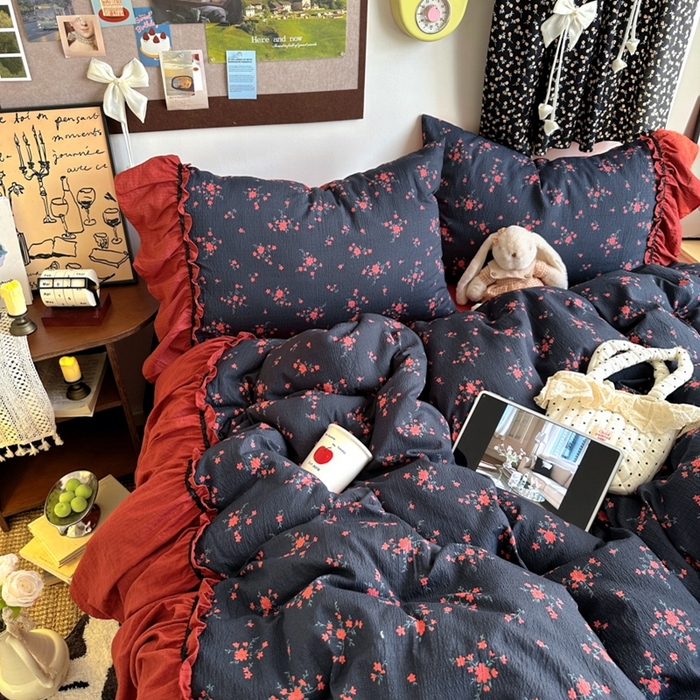 91家纺网 家纺一手货源 找家纺 阿曼达 2025新款韩系法式慵懒氛围感印花泡芙花边四件套（专版花型） 樱花泡芙-梨漫