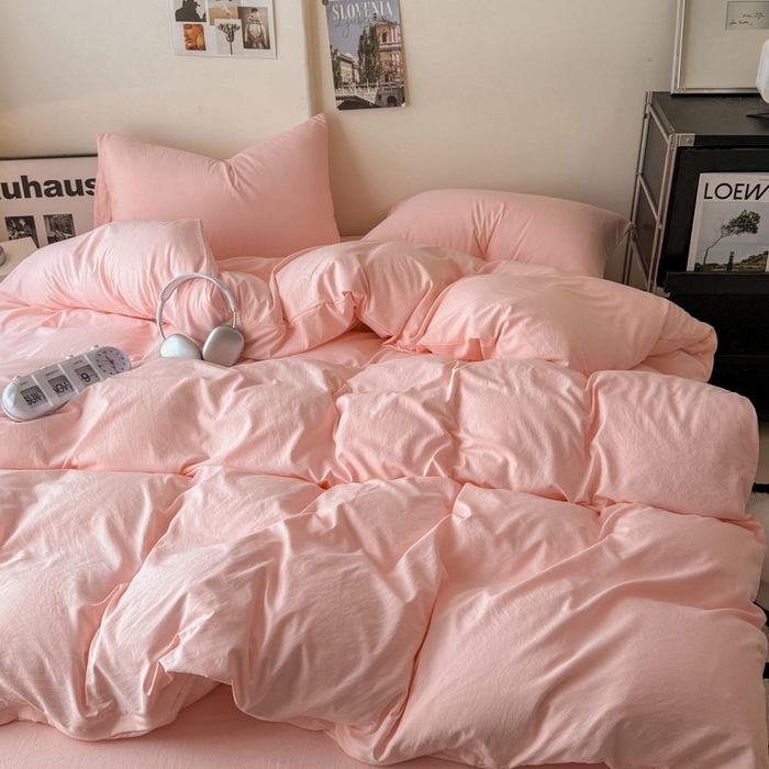 91家纺网 家纺一手货源 找家纺 桔禾家纺 2025新款ins风纯色水洗棉四件套双拼水洗棉学生三件套四件套 水粉