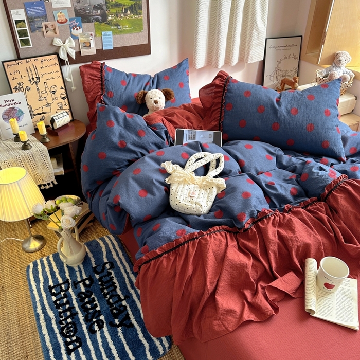 91家纺网 家纺一手货源 找家纺 阿曼达 2025新款韩系法式慵懒氛围感印花泡芙花边四件套（专版花型） 樱花泡芙-蓝