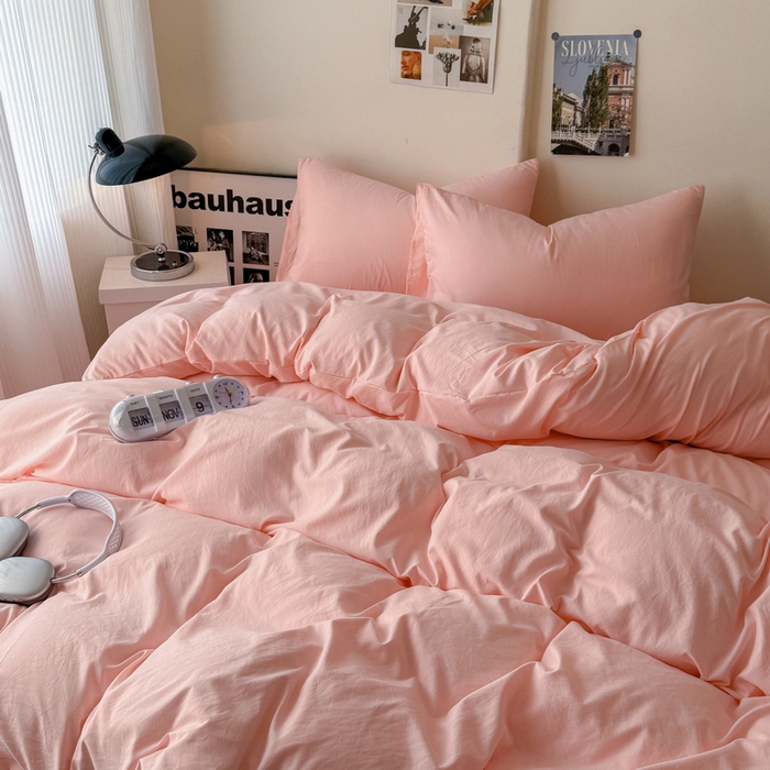 91家纺网 家纺一手货源 找家纺 桔禾家纺 2025新款ins风纯色水洗棉四件套双拼水洗棉学生三件套四件套 水粉