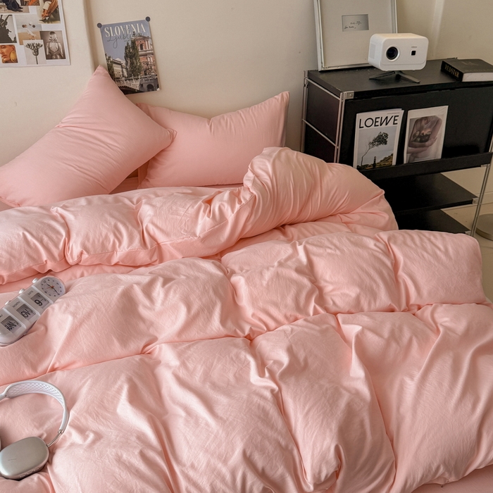 91家纺网 家纺一手货源 找家纺 桔禾家纺 2025新款ins风纯色水洗棉四件套双拼水洗棉学生三件套四件套 水粉