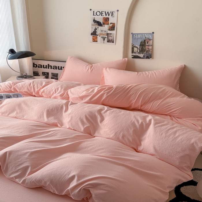 91家纺网 家纺一手货源 找家纺 桔禾家纺 2025新款ins风纯色水洗棉四件套双拼水洗棉学生三件套四件套 水粉