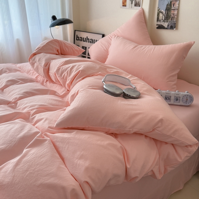 91家纺网 家纺一手货源 找家纺 桔禾家纺 2025新款ins风纯色水洗棉四件套双拼水洗棉学生三件套四件套 水粉