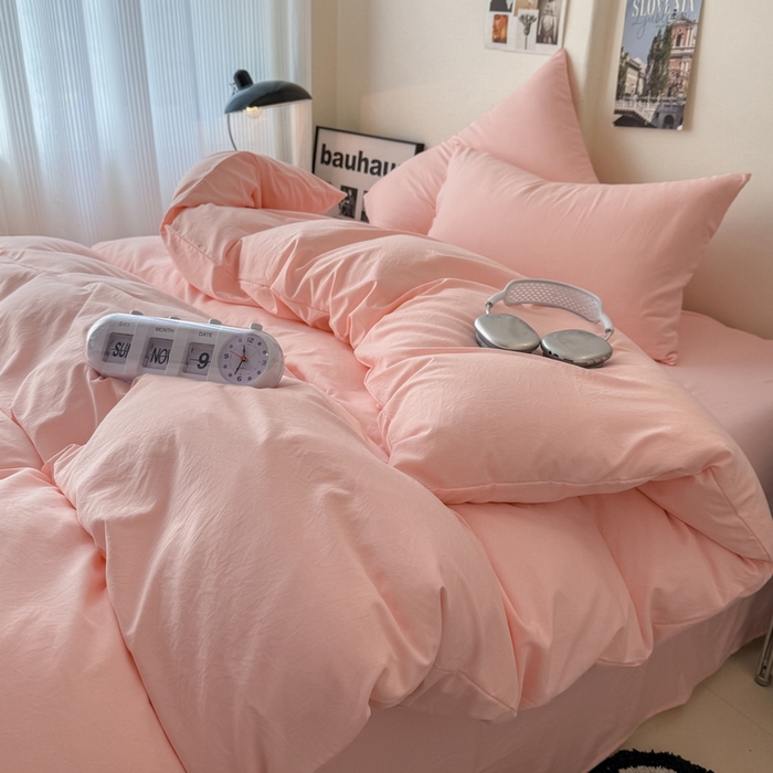 91家纺网 家纺一手货源 找家纺 桔禾家纺 2025新款ins风纯色水洗棉四件套双拼水洗棉学生三件套四件套 水粉