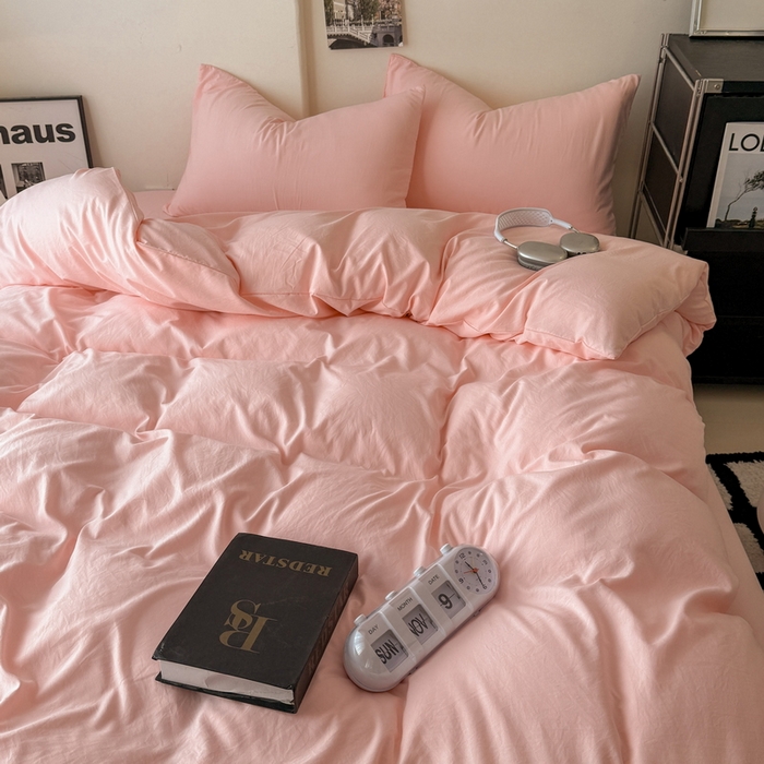 91家纺网 家纺一手货源 找家纺 桔禾家纺 2025新款ins风纯色水洗棉四件套双拼水洗棉学生三件套四件套 水粉