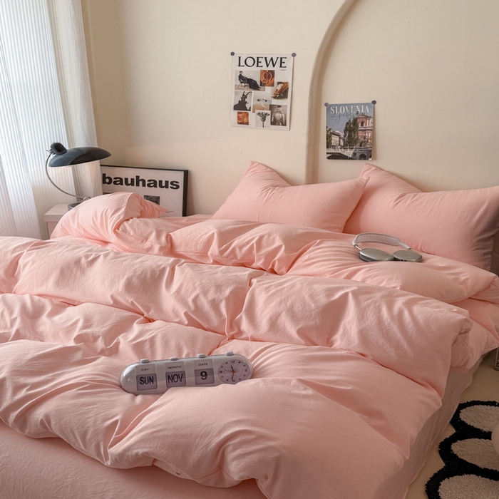 91家纺网 家纺一手货源 找家纺 桔禾家纺 2025新款ins风纯色水洗棉四件套双拼水洗棉学生三件套四件套 水粉