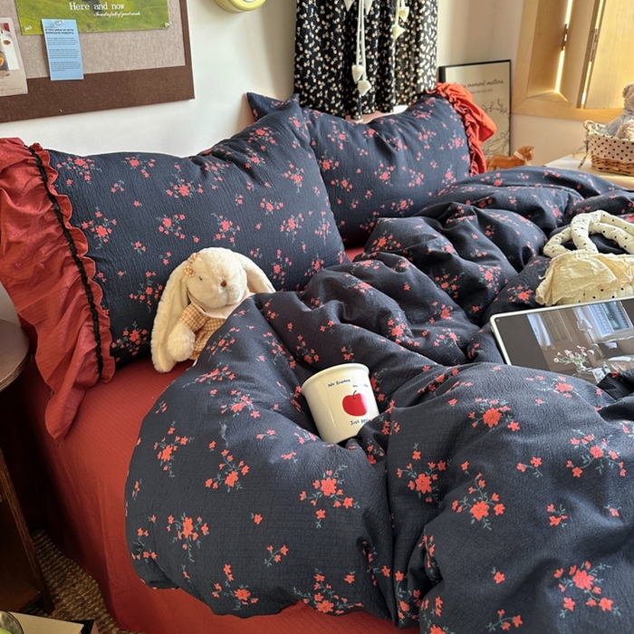 91家纺网 家纺一手货源 找家纺 阿曼达 2025新款韩系法式慵懒氛围感印花泡芙花边四件套（专版花型） 樱花泡芙-梨漫