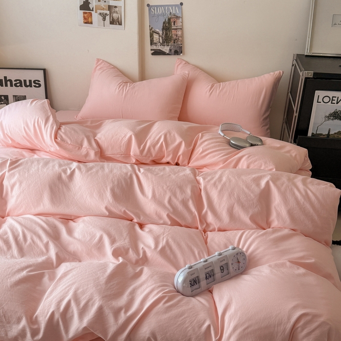 91家纺网 家纺一手货源 找家纺 桔禾家纺 2025新款ins风纯色水洗棉四件套双拼水洗棉学生三件套四件套 水粉