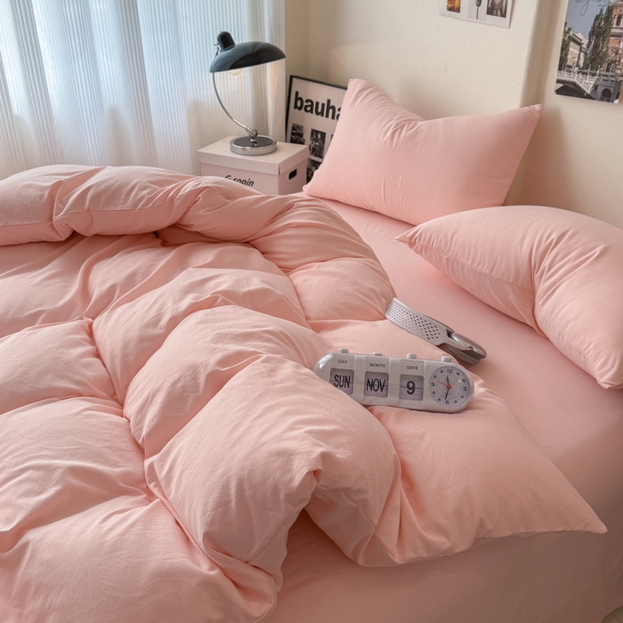 91家纺网 家纺一手货源 找家纺 桔禾家纺 2025新款ins风纯色水洗棉四件套双拼水洗棉学生三件套四件套 水粉