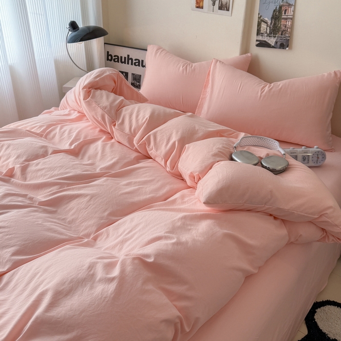 91家纺网 家纺一手货源 找家纺 桔禾家纺 2025新款ins风纯色水洗棉四件套双拼水洗棉学生三件套四件套 水粉