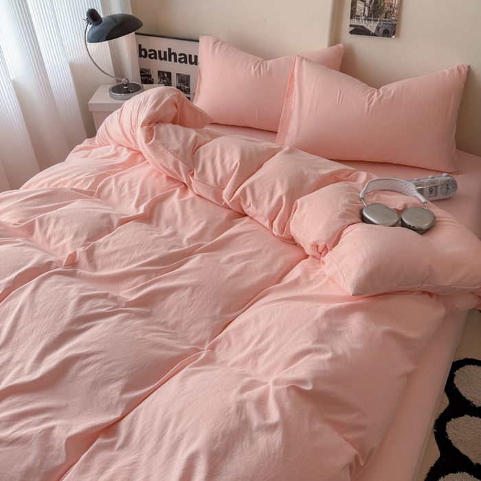 91家纺网 家纺一手货源 找家纺 桔禾家纺 2025新款ins风纯色水洗棉四件套双拼水洗棉学生三件套四件套 水粉