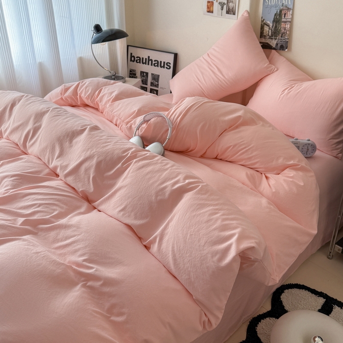 91家纺网 家纺一手货源 找家纺 桔禾家纺 2025新款ins风纯色水洗棉四件套双拼水洗棉学生三件套四件套 水粉