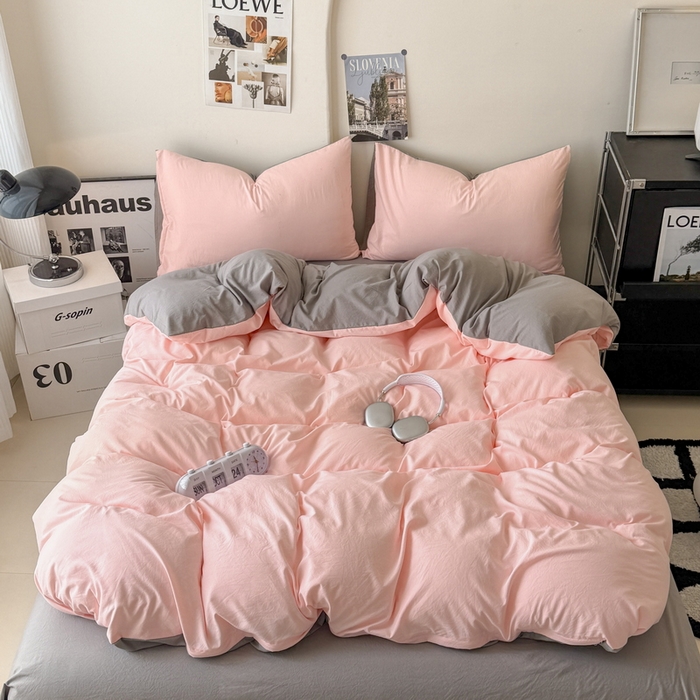 桔禾家纺 2025新款ins风纯色水洗棉四件套双拼水洗棉学生三件套四件套 水粉浅灰