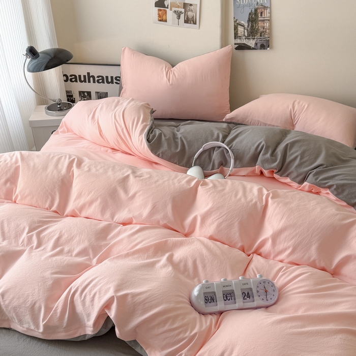 91家纺网 家纺一手货源 找家纺 桔禾家纺 2025新款ins风纯色水洗棉四件套双拼水洗棉学生三件套四件套 水粉浅灰