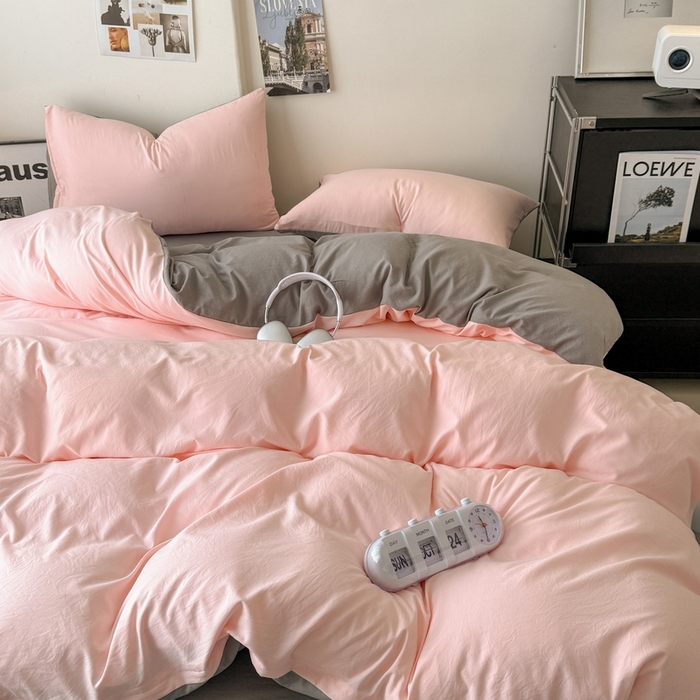 91家纺网 家纺一手货源 找家纺 桔禾家纺 2025新款ins风纯色水洗棉四件套双拼水洗棉学生三件套四件套 水粉浅灰