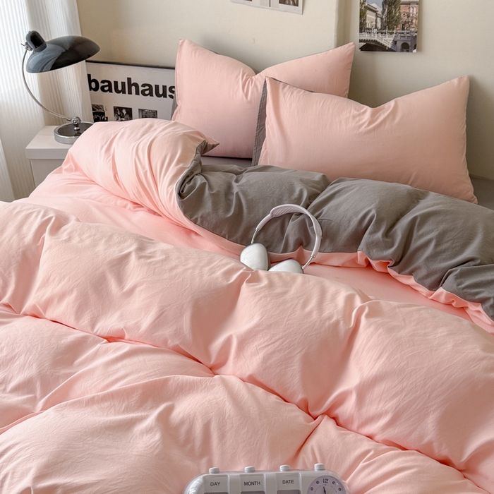 91家纺网 家纺一手货源 找家纺 桔禾家纺 2025新款ins风纯色水洗棉四件套双拼水洗棉学生三件套四件套 水粉浅灰