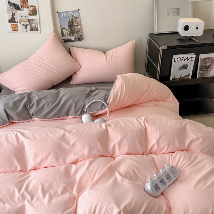 91家纺网 家纺一手货源 找家纺 桔禾家纺 2025新款ins风纯色水洗棉四件套双拼水洗棉学生三件套四件套 水粉浅灰