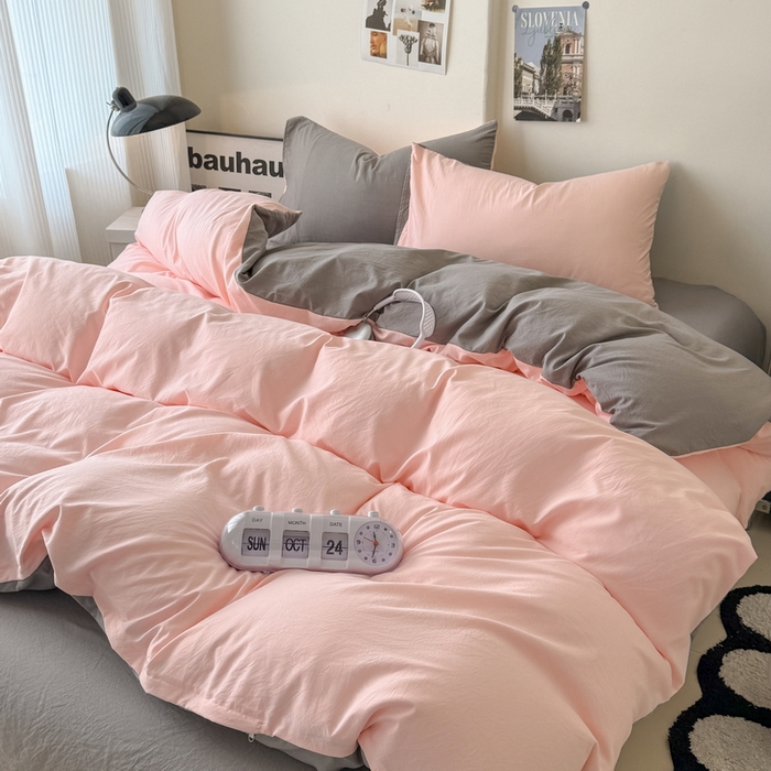 91家纺网 家纺一手货源 找家纺 桔禾家纺 2025新款ins风纯色水洗棉四件套双拼水洗棉学生三件套四件套 水粉浅灰