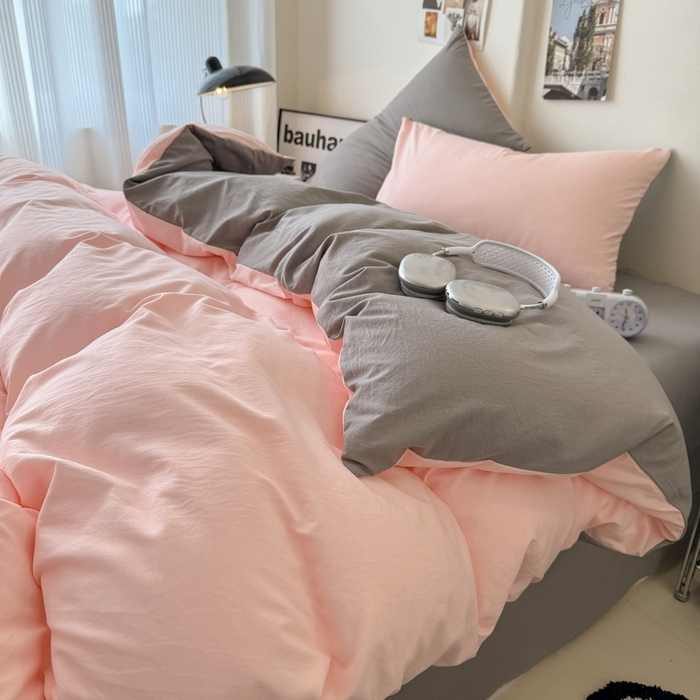 91家纺网 家纺一手货源 找家纺 桔禾家纺 2025新款ins风纯色水洗棉四件套双拼水洗棉学生三件套四件套 水粉浅灰