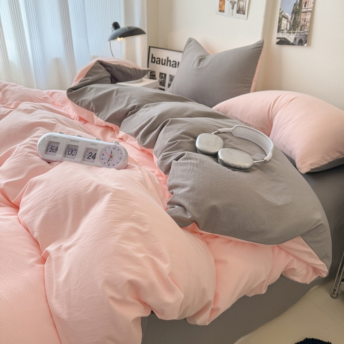 91家纺网 家纺一手货源 找家纺 桔禾家纺 2025新款ins风纯色水洗棉四件套双拼水洗棉学生三件套四件套 水粉浅灰