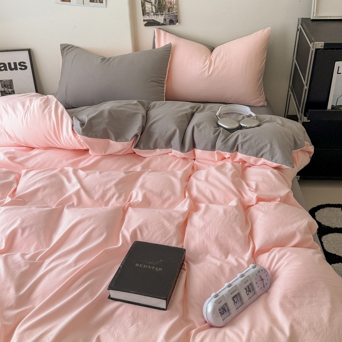 91家纺网 家纺一手货源 找家纺 桔禾家纺 2025新款ins风纯色水洗棉四件套双拼水洗棉学生三件套四件套 水粉浅灰