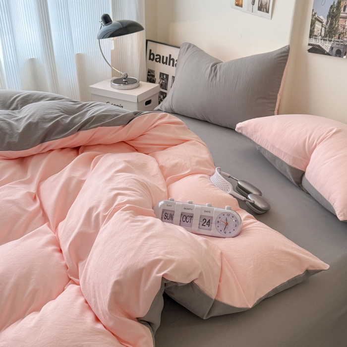 91家纺网 家纺一手货源 找家纺 桔禾家纺 2025新款ins风纯色水洗棉四件套双拼水洗棉学生三件套四件套 水粉浅灰