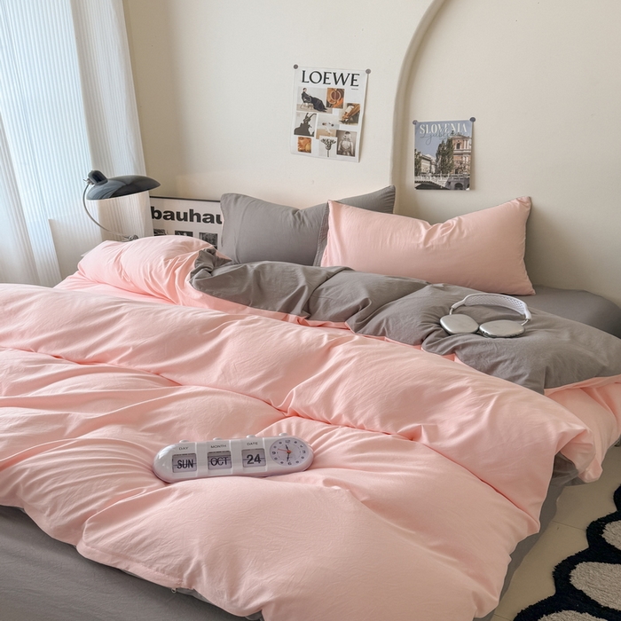 91家纺网 家纺一手货源 找家纺 桔禾家纺 2025新款ins风纯色水洗棉四件套双拼水洗棉学生三件套四件套 水粉浅灰