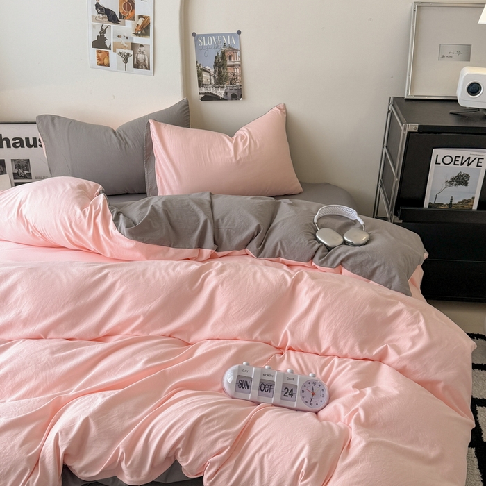 91家纺网 家纺一手货源 找家纺 桔禾家纺 2025新款ins风纯色水洗棉四件套双拼水洗棉学生三件套四件套 水粉浅灰