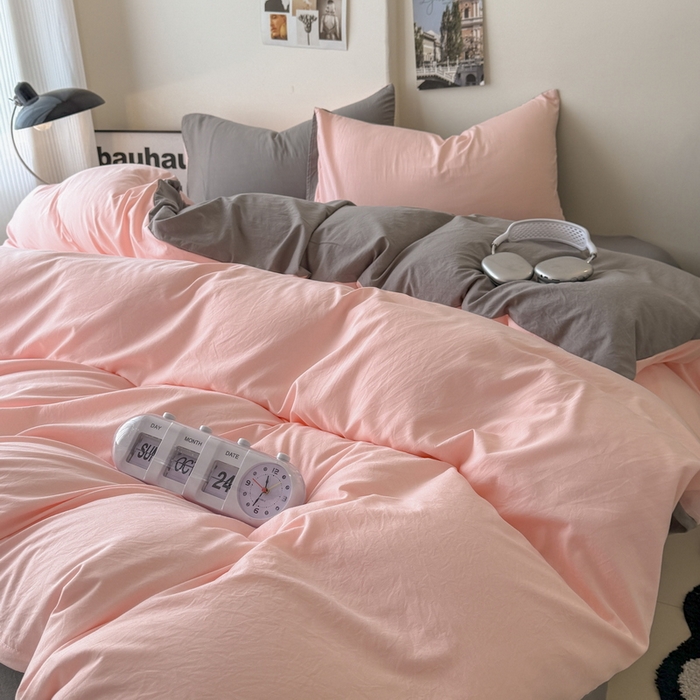 91家纺网 家纺一手货源 找家纺 桔禾家纺 2025新款ins风纯色水洗棉四件套双拼水洗棉学生三件套四件套 水粉浅灰