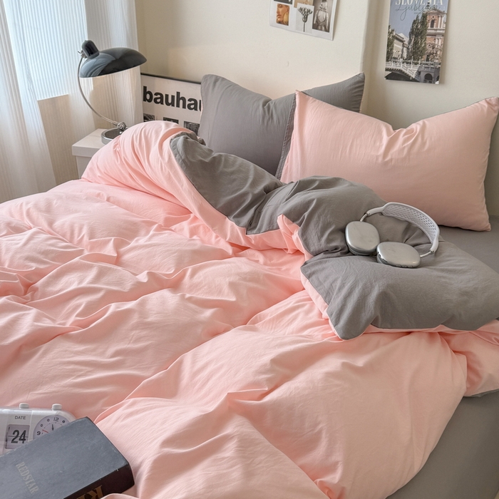 91家纺网 家纺一手货源 找家纺 桔禾家纺 2025新款ins风纯色水洗棉四件套双拼水洗棉学生三件套四件套 水粉浅灰