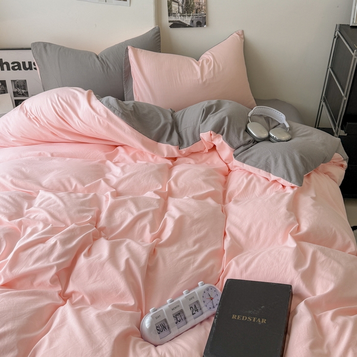 91家纺网 家纺一手货源 找家纺 桔禾家纺 2025新款ins风纯色水洗棉四件套双拼水洗棉学生三件套四件套 水粉浅灰