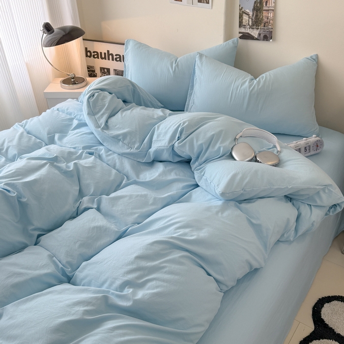 91家纺网 家纺一手货源 找家纺 桔禾家纺 2025新款ins风纯色水洗棉四件套双拼水洗棉学生三件套四件套 天空蓝