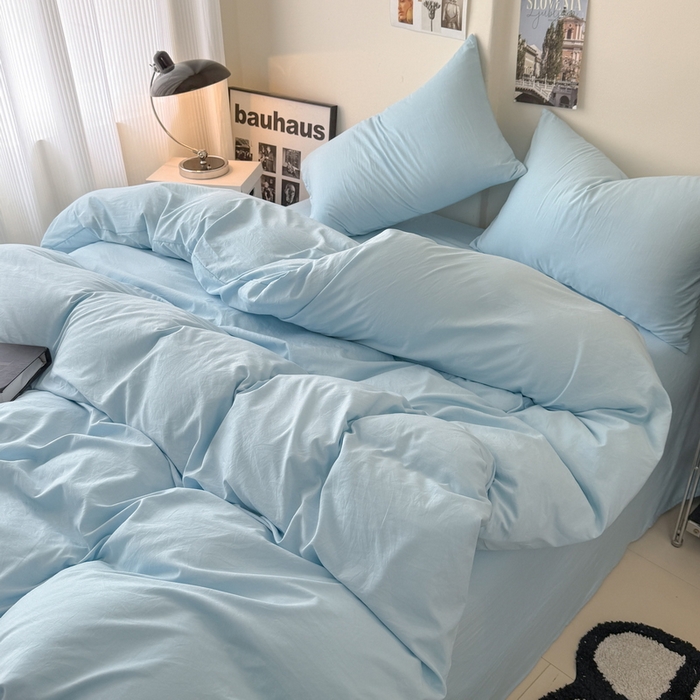 91家纺网 家纺一手货源 找家纺 桔禾家纺 2025新款ins风纯色水洗棉四件套双拼水洗棉学生三件套四件套 天空蓝