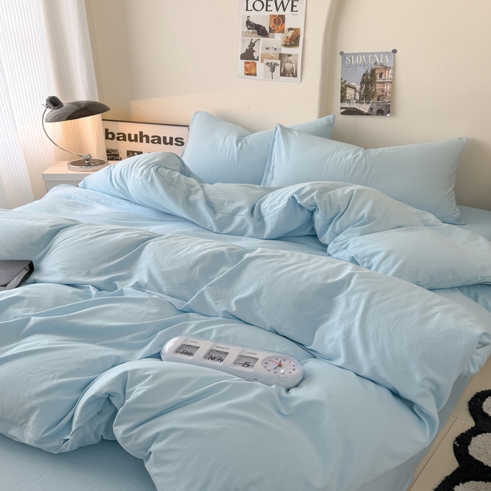 91家纺网 家纺一手货源 找家纺 桔禾家纺 2025新款ins风纯色水洗棉四件套双拼水洗棉学生三件套四件套 天空蓝