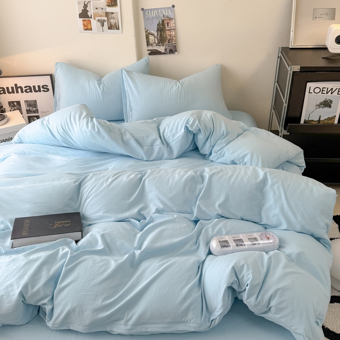 91家纺网 家纺一手货源 找家纺 桔禾家纺 2025新款ins风纯色水洗棉四件套双拼水洗棉学生三件套四件套 天空蓝