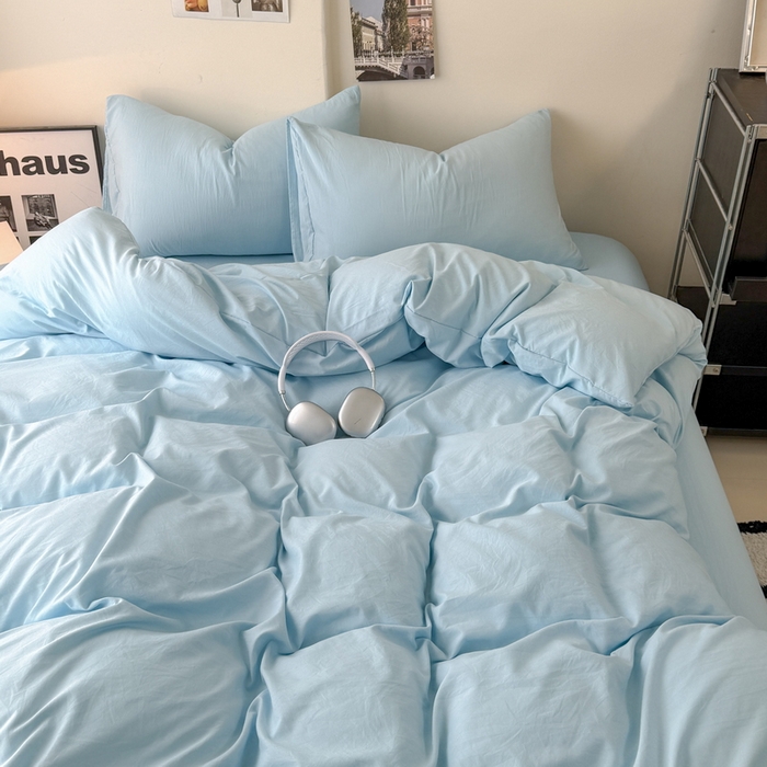 91家纺网 家纺一手货源 找家纺 桔禾家纺 2025新款ins风纯色水洗棉四件套双拼水洗棉学生三件套四件套 天空蓝